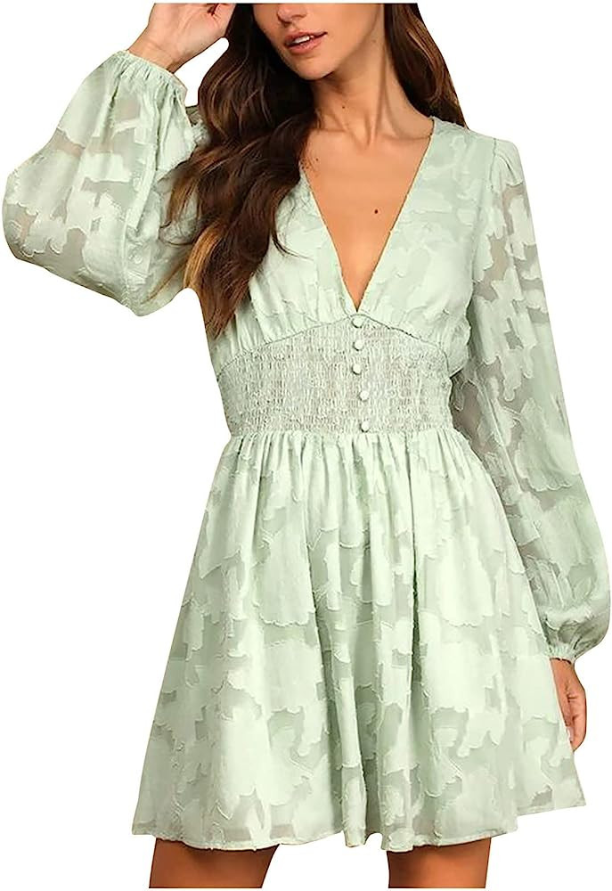 Women's Elegant Sexy Deep V Neck Lace Hollow Dress Solid Color Long Sleeve High Waisted A-Line Dress | Amazon (US)