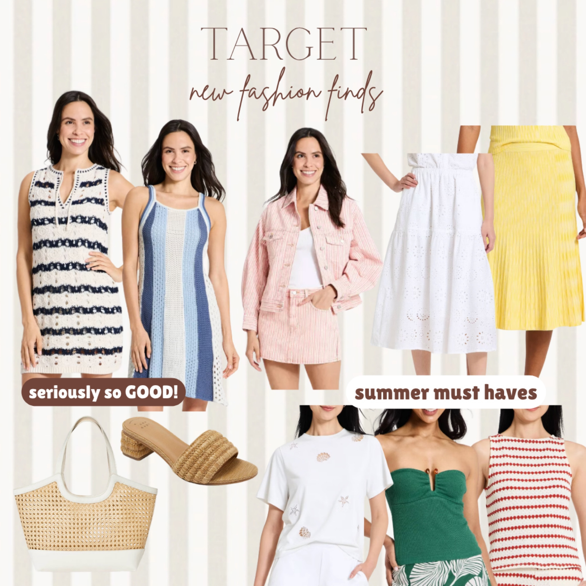 @Target  new fashion finds that are seriously so good right now — and these summer must haves are worth every single click 🎯🌸✨ Navy stripe crochet mini dress, blue colorblock crochet dress, pink stripe denim jacket and skirt set, white eyelet midi skirt, yellow ribbed midi skirt, white seashell embroidered tee, green strapless smocked top, red diamond stripe knit top, a raffia tote bag, and woven block heel sandals — Target is delivering this season. Everything is linked! Tap to shop every piece 👆