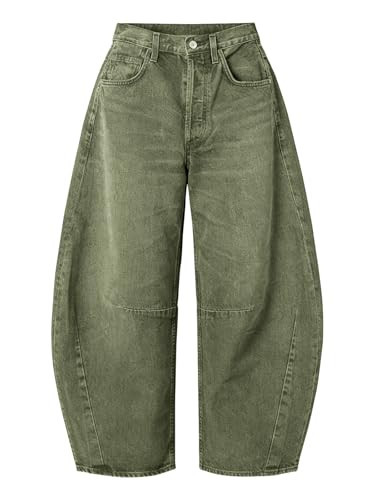EXLURA Womens Barrel Jeans Wide Leg Y2K Boyfriend Denim Pants Hip Hop Vintage Baggy Jeans Cotton Mid-Low Elastic Waist Pants Army Green | Amazon (US)