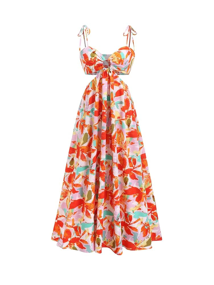 SOLY HUX Women's Floral Print Cut Out Dress Tie Shoulder Sleeveless Boho Vacation Long Flowy Dres... | Amazon (US)