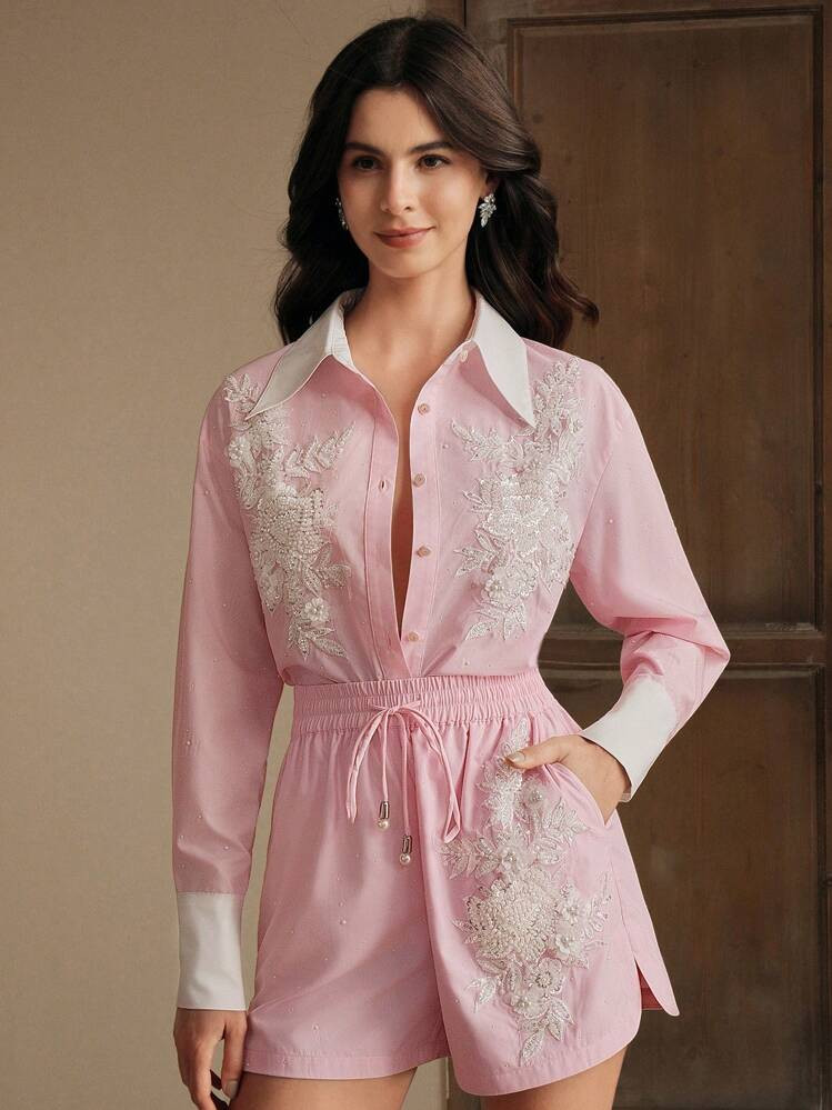 Anewsta Women's Embroidered Front Button Long Sleeve Casual Blouse | SHEIN