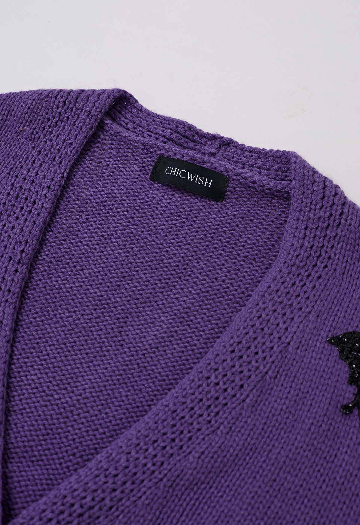 Mystic Bats Patch Buttoned Knit Cardigan in Purple | Chicwish