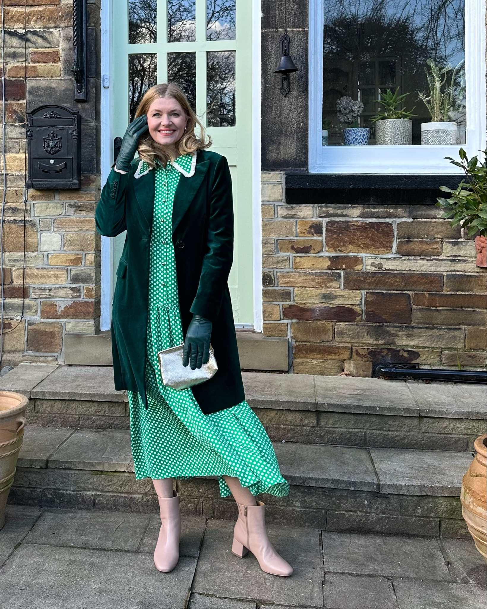 Dress, green velvet coat, tea dress, nude ankle boots, afternoon tea outfit, lunch outfit, over 50 style, 

#LTKwedding #LTKover40 #LTKsalealert
