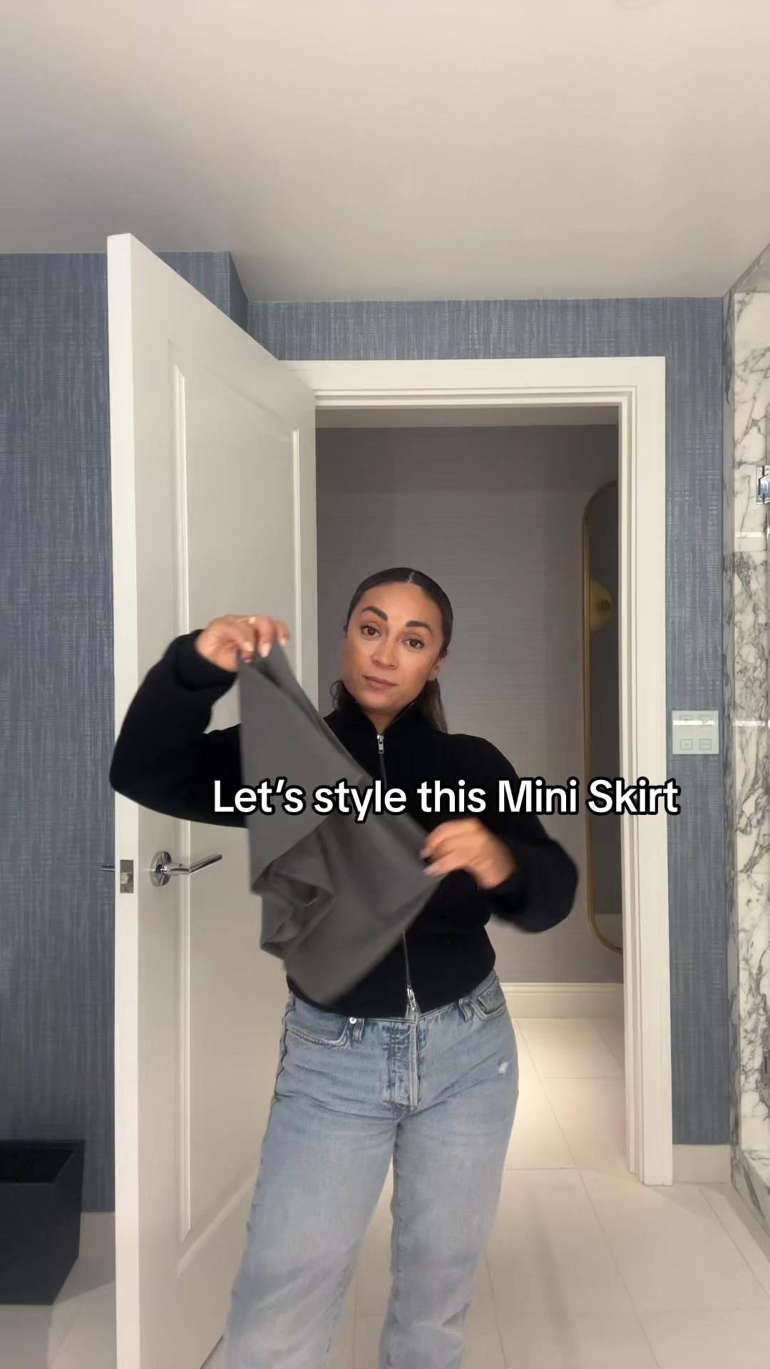 Mini Skirt Outfit Idea for Cold Weather with sheertex tights and naturalizer boots. 