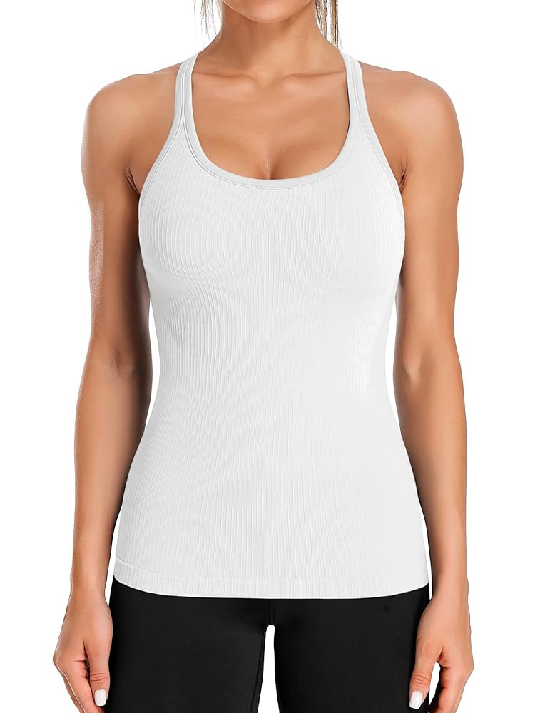 ATTRACO Ribbed Workout Tank Tops for Women with Built in Bra Tight Racerback Scoop Neck Athletic ... | Amazon (US)