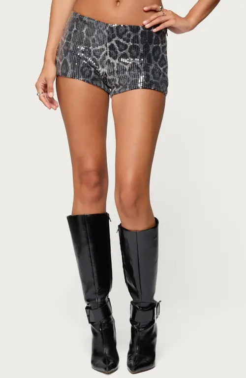 EDIKTED Sequin Leopard Print Microshorts in Black at Nordstrom, Size Medium | Nordstrom