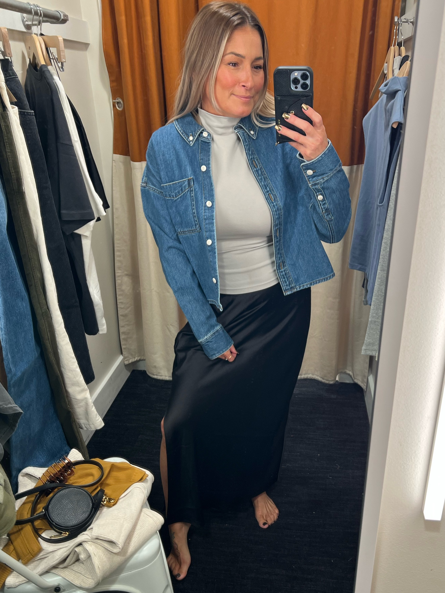 MADEWELL: this satin skirt feels so good on my skin and is adorable! Love this tiny turtleneck crop tank, can be super casual or dressed up! The lightweight denim top adds a fun layer 🩶🖤

[[ standard size for me with any brand is usually a small-medium top and small bottom or size 25 in denim ]]

Satin skirt - 0
Crop tank - small 
Denim top - Xsmall  

#falloutfits #jeans #denim #skirts #datenightoutfits #weddingoutfits #holidayoutfits #giftsforher #madewell 

#LTKworkwear #LTKxMadewell #LTKsalealert