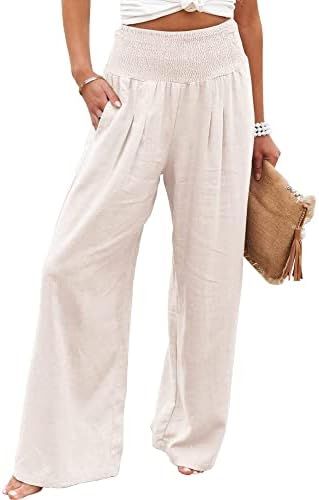 XUWNEI Women's Cotton Linen Wide Leg Palazzo Pants High Waisted Smocked Lounge Trousers with Pock... | Amazon (US)