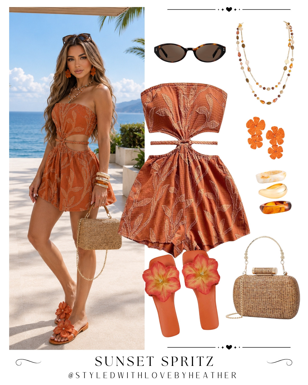Warm sunset tones always make an outfit feel instantly expensive. This printed romper, woven bag, and floral sandals create an easy summer look with beautiful texture, color, and effortless style. Shop this vacation-ready outfit on my LTK. 

 #LTKootd #LTKPetite #LTKSwim