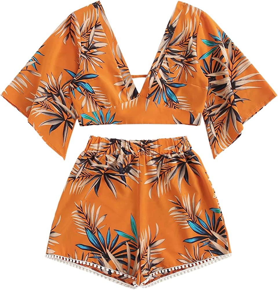 SweatyRocks Women's 2 Piece Boho Butterfly Sleeve Knot Front Crop Top with Shorts Set | Amazon (US)