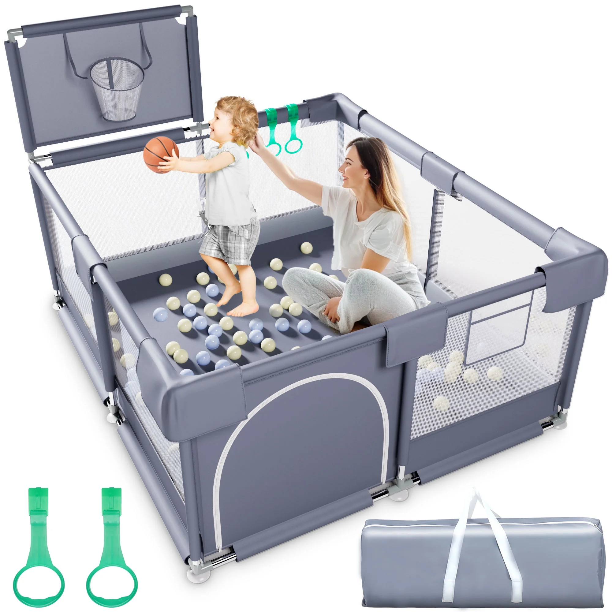 TEAYINGDE Baby Playpen, Play Yard, Baby Playards, 50"x50" Infant Travel Fence with Basket, Gray | Walmart (US)