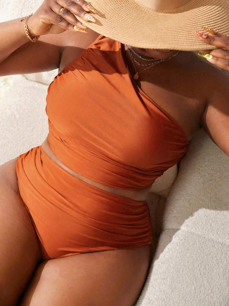 SHEIN Slayr CURVE Plus Size Women Summer Beach Solid Ruched One Shoulder Tankini Set Bathing Suit For Vacation | SHEIN