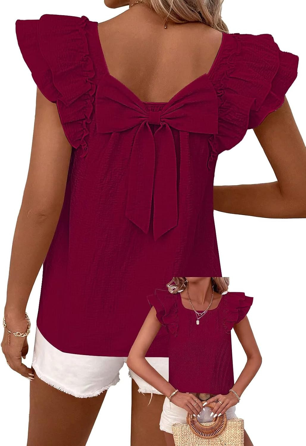 Falechay Womens Bow Tie Back Tops Babydoll Vneck Ruffle Short Sleeve Shirts | Amazon (US)