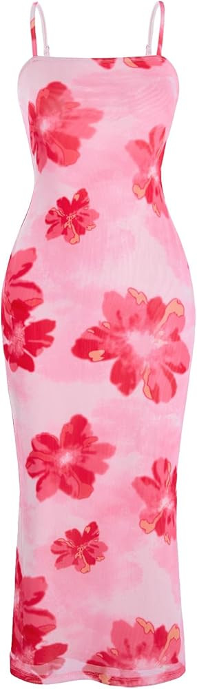 Verdusa Women's Floral Dress Wedding Guest Summer Flower Mesh Holiday Bodycon Midi Dresses | Amazon (US)