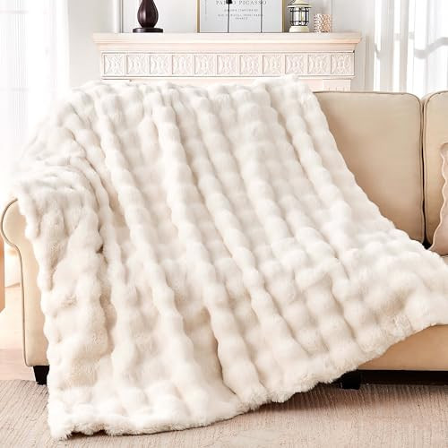 Luxury Faux Rabbit Fur Throw Blanket, Soft Bubble Fluffy Blanket Cozy Fuzzy Throw Blankets for Bed Sofa Couch, Decorative Thick Warm Plush Fuzzy Elegant Soft Mink Blanket (50" x 60",Cream White) | Amazon (US)