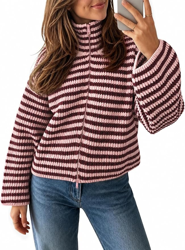 Saodimallsu Womens Striped Zip Up Sweaters Mock Neck 2026 Fall Trendy Casual Long Sleeve Loose Fi... | Amazon (US)