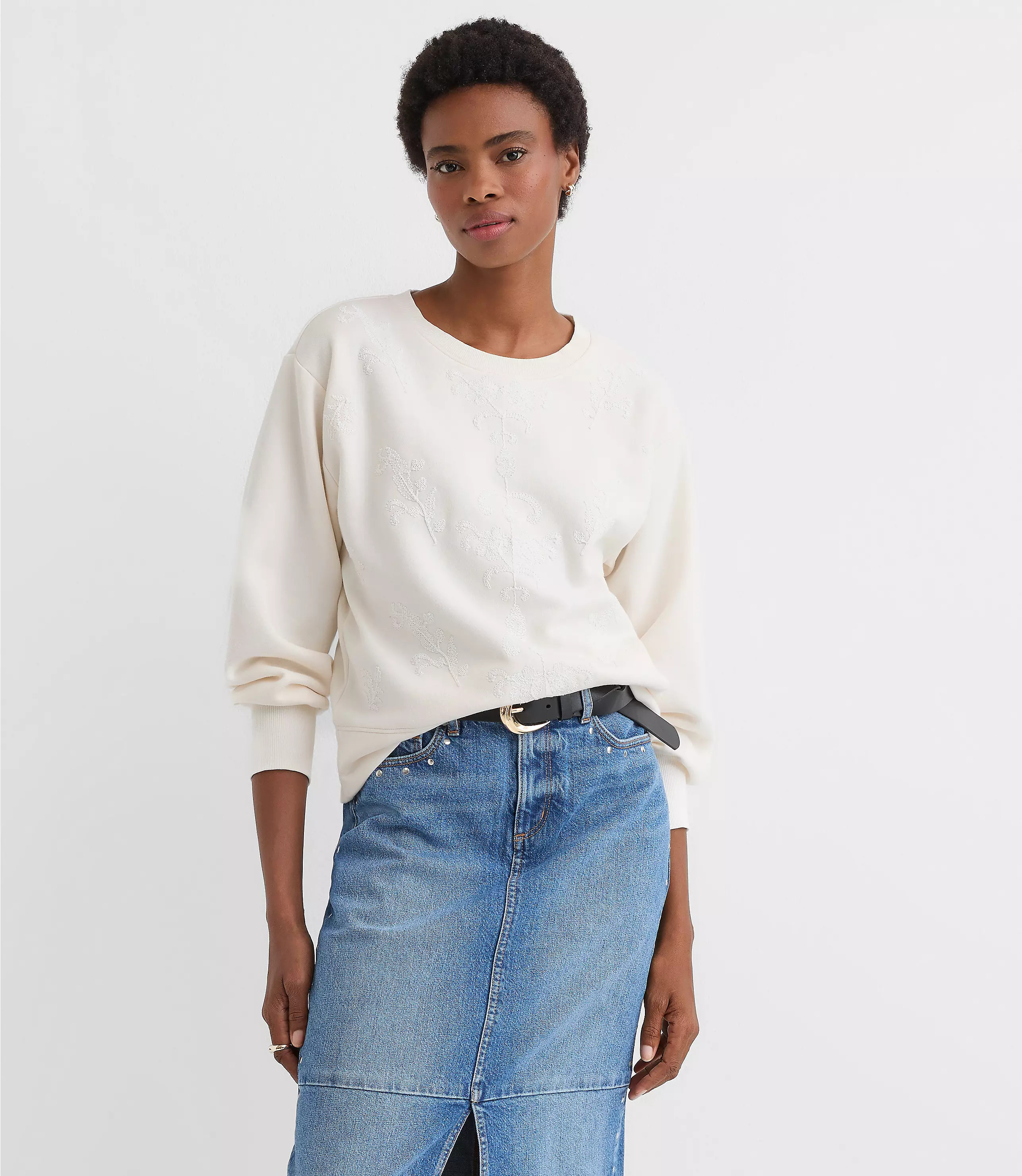 Floral Embroidered Terry Puff Sleeve Sweatshirt | LOFT