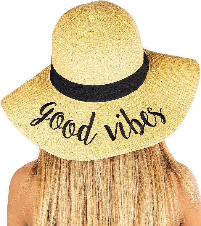 Funky Junque Women’s UPF 50 Bold Cursive Embroidered Adjustable Beach Floppy Sun Hat | Amazon (US)