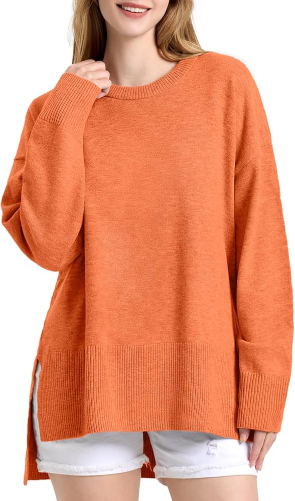 ZANZEA Women's Fall Sweaters 2025 Oversized Loose Long Sleeve Crew Neck Side Slit Dressy Knit Cas... | Amazon (US)