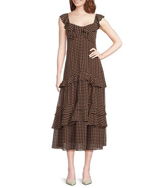 Lucy Paris Cassandra Dotted Chiffon Sweetheart Neck Sleeveless Ruffle Tiered Midi Dress | Dillard... | Dillard's