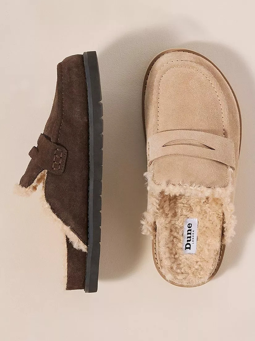 Dune London Goldy Suede Backless Faux Shearling Loafers, Brown | John Lewis (UK)