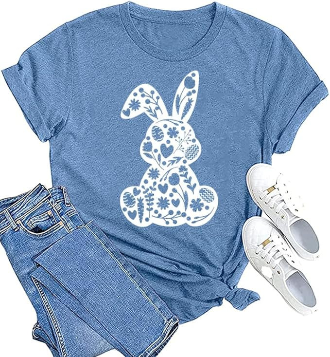 Easter Various Bunny Shirts for Women Easter Egg Leopard Bunny Graphic Tee Spring Cute Tops, Larg... | Amazon (US)