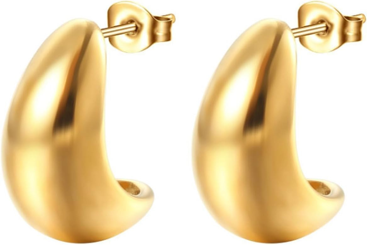 Chunky Silver Gold Hoop Earrings for Women, 18K Gold Plated Open Half Thick Hoop Studs Lightweigh... | Amazon (UK)