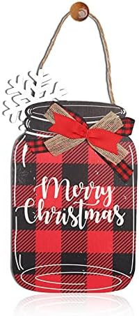 Merry Christmas Wooden Door Decor, Red Buffalo Check Plaid Front Door Decoration with Hanging Burlap | Amazon (US)