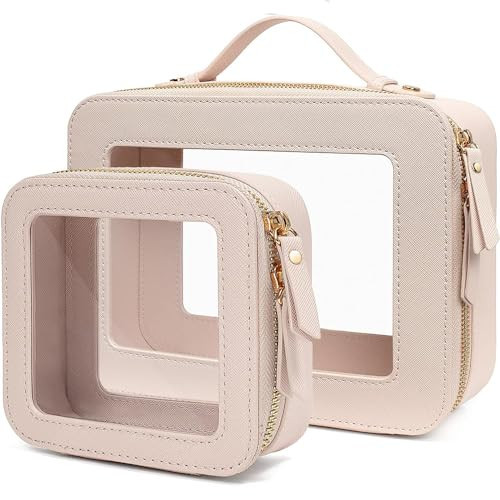 FFpaw Clear Makeup Bag Organizer Set, TSA Approved Portable Travel Toiletry Bag Multipurpose Cosmetic Bag Case for Women Vegan Leather Make Up Pouch Transparent Vinyl Windows (Mini+Large Beige) | Amazon (US)
