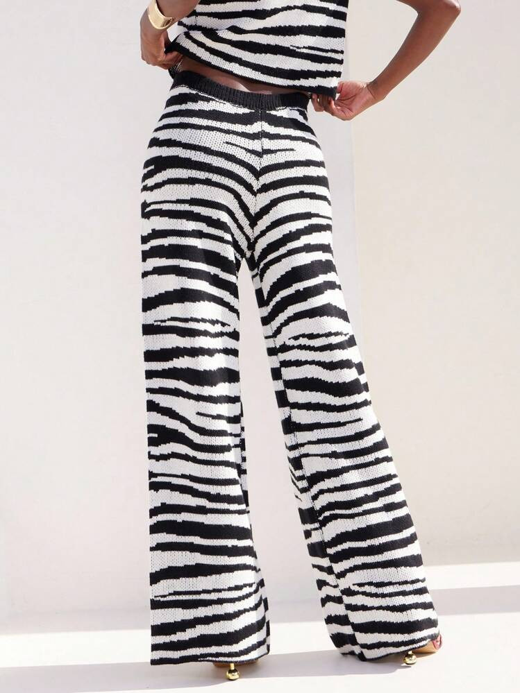 NYA SZN Spring Animal Print Knit Pull-On Wide Leg Pants Summer Festivals Comfortable Casual Retro Vintage Look Trousers For Women | SHEIN