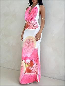 Floerns Women's Flower Deep V Neck Halter Dress Sleeveless Vacation Bodycon Maxi Dresses | Amazon (US)