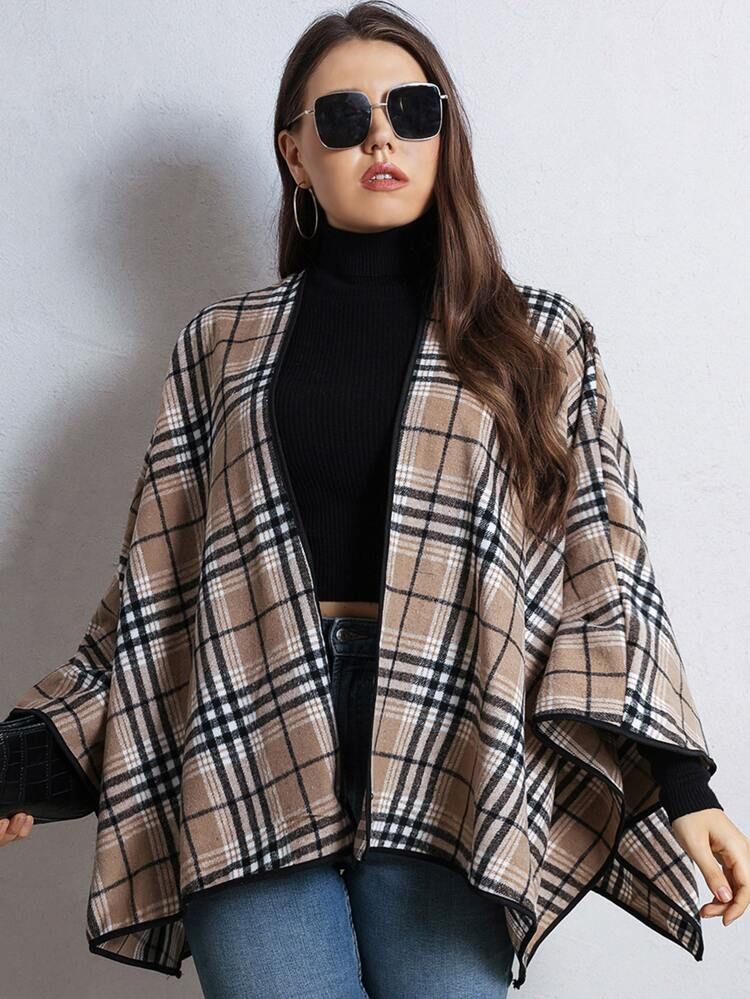 Plus Plaid Print Open Front Cape Coat | SHEIN