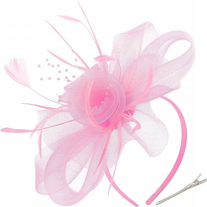 Myjoyday Women's Fascinators Hat for Tea Party Church Cocktail, Feathers Veil Headband with Hair ... | Amazon (US)
