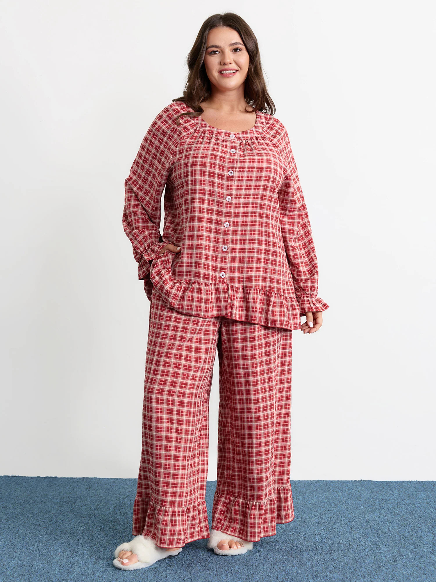 Gingham Ruffled Hem Loungewear Set | Bloomchic