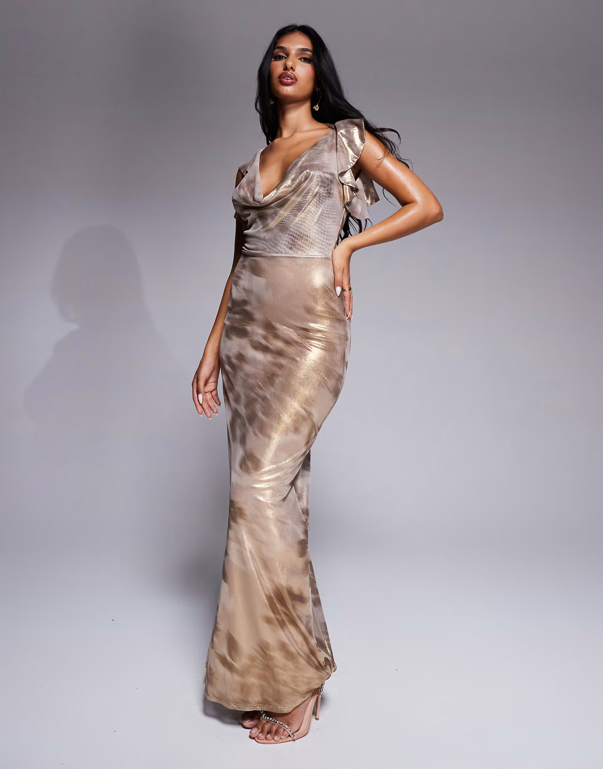 ASOS DESIGN shimmer plunge cowl neck maxi dress with tie detail in neutral floral print | ASOS | ASOS (Global)