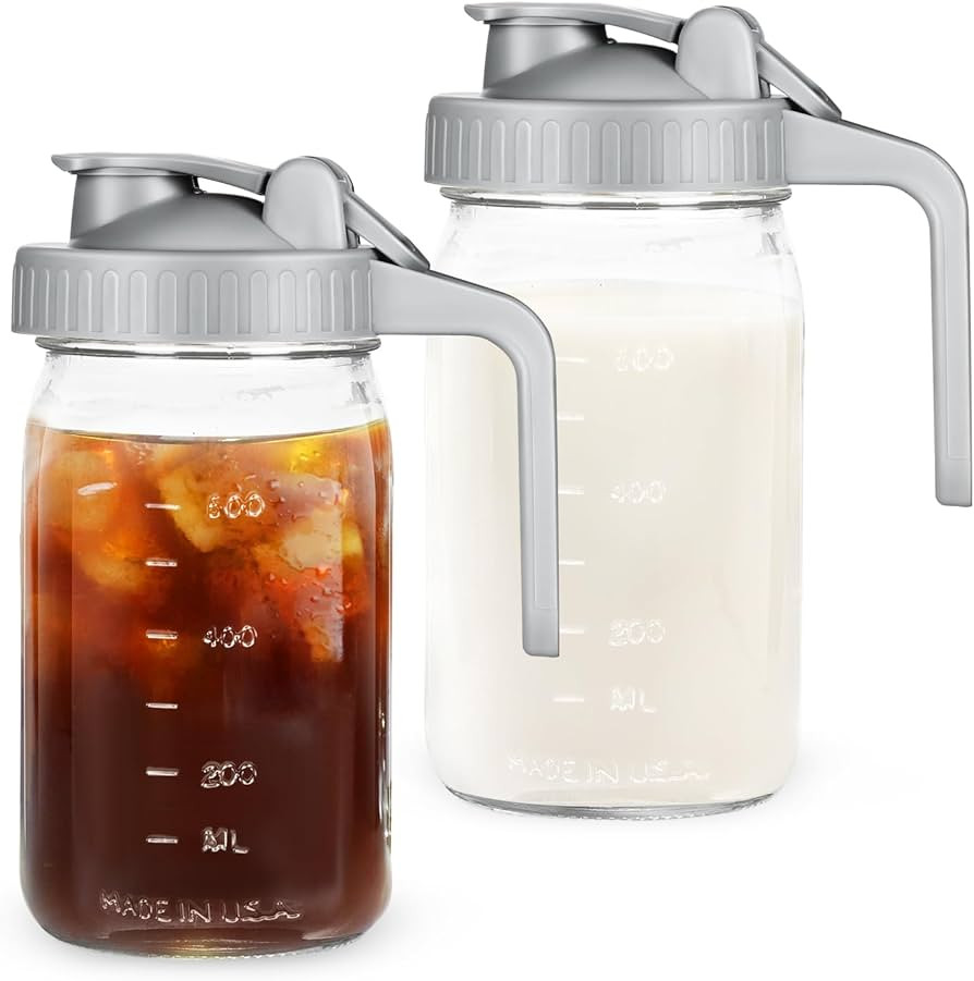 Creamer Pitcher Jar with Lid - 2Pack No Leak 32oz Airtight Mason Jar with Pour Spout Lid, Classic... | Amazon (US)