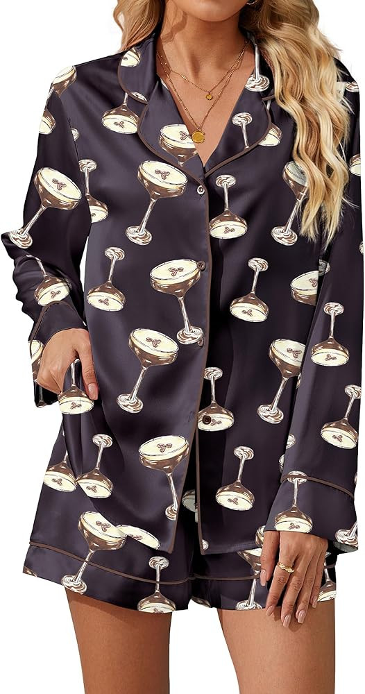 SHESHOW Satin Pajama Set for Women Button Down Long Sleeve Top and Shorts Loungewear Set Funny Pr... | Amazon (US)