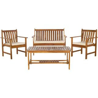 SAFAVIEH Burbank Natural Brown 4-Piece Wood Patio Conversation Set with Beige Cushions PAT7006A -... | The Home Depot