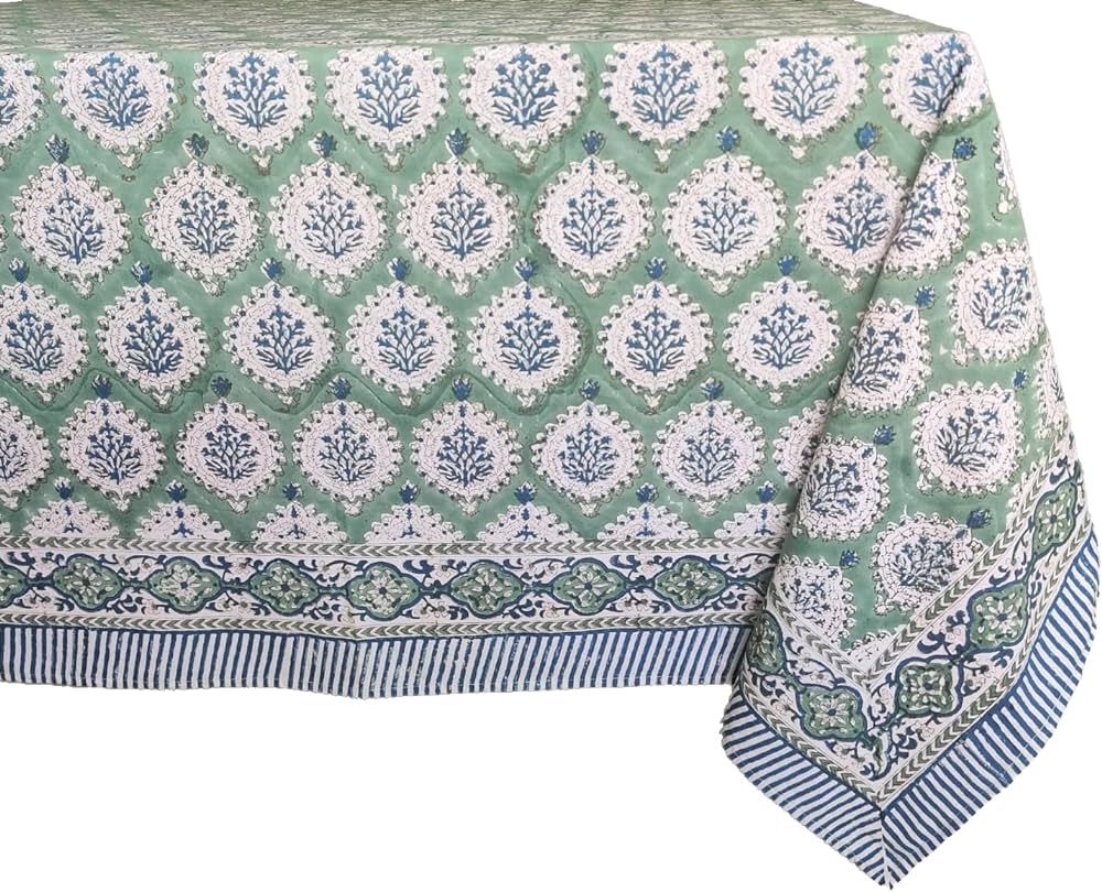 Amazon.com: ATOSII Kari Green 100% Cotton Square Boho Fall Tablecloth, Handblock Floral Table Clo... | Amazon (US)