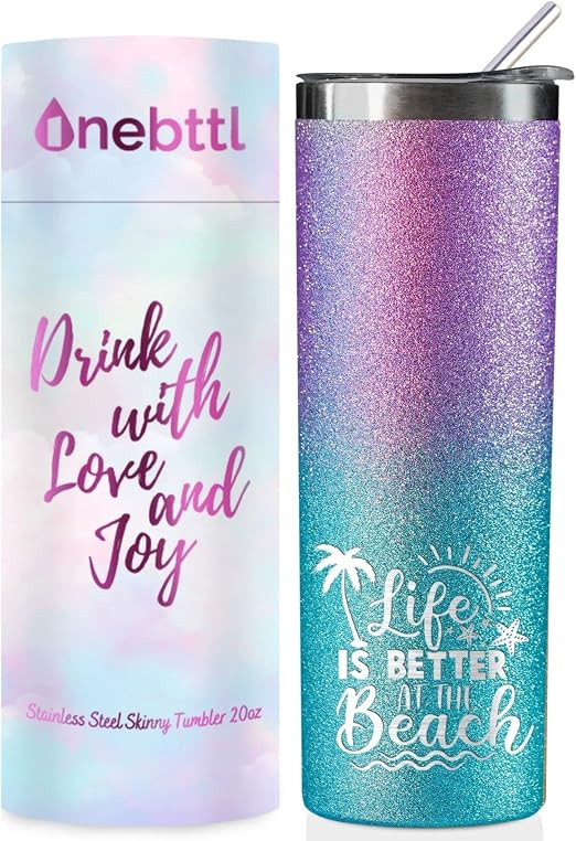 Onebttl Skinny Tumbler with Lid and Straw, 20Oz Glitter Blue & Purple, Beach Themed Gift for Beac... | Amazon (US)