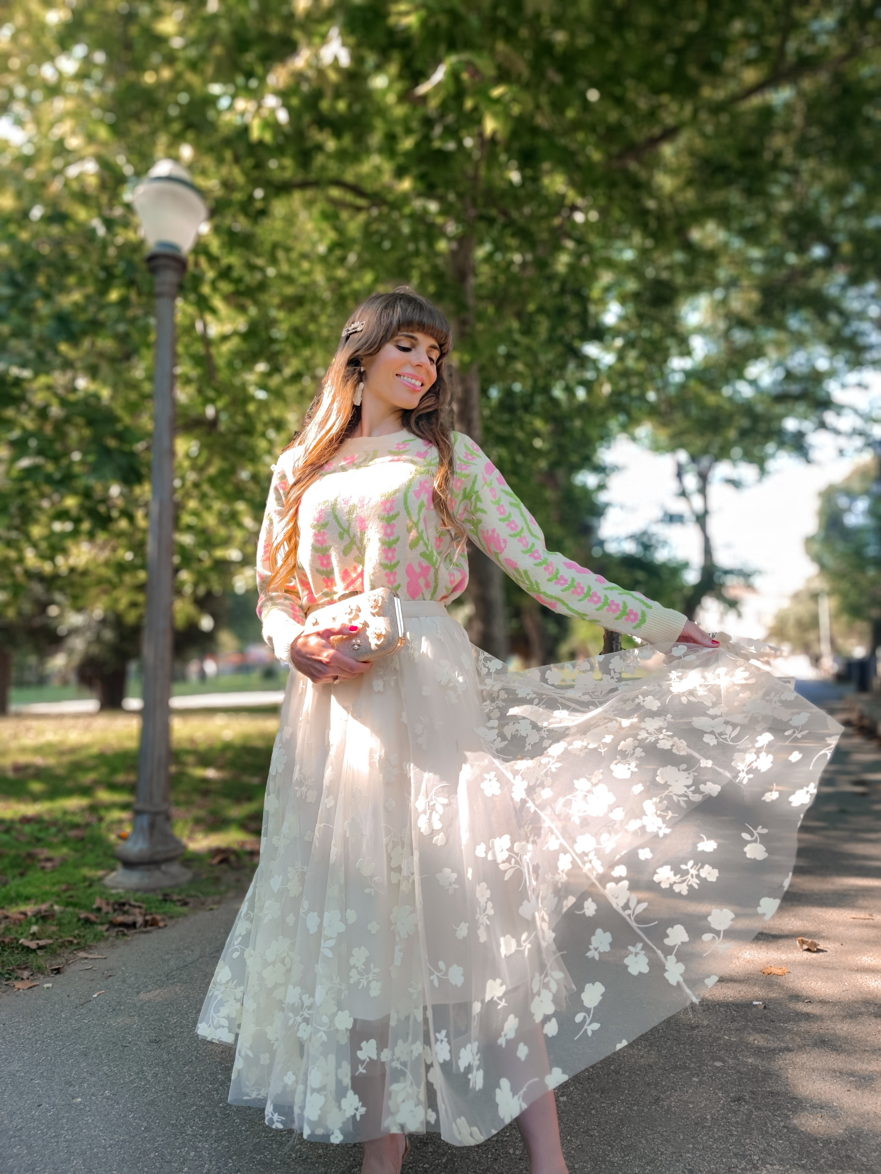 Cute sweaters and tulle skirts go with just about anything but they are best when paired together! 💖✨🤍 This cream sweater I'm wearing today feature the sweetest floral pattern and brings a fun pop of color and girly elegance to any everyday look. 🥰 To keep this look chic and feminine yet cute, I've decided to add pointed toe slingback heels, romantic flower earrings and elegant 3D floral golden clutch.Fall outfits, tulle skirts, floral skirts, floral sweaters,  skirt outfit ideas, fall colors, feminine fashion, feminine style, classy style, elegant outfits, stylizacje, romantic aesthetic, chicwish outfit, moda,  Zara shoes, Portugal, Pinterest style.

#LTKSeasonal #LTKStyleTip #LTKFindsUnder50
