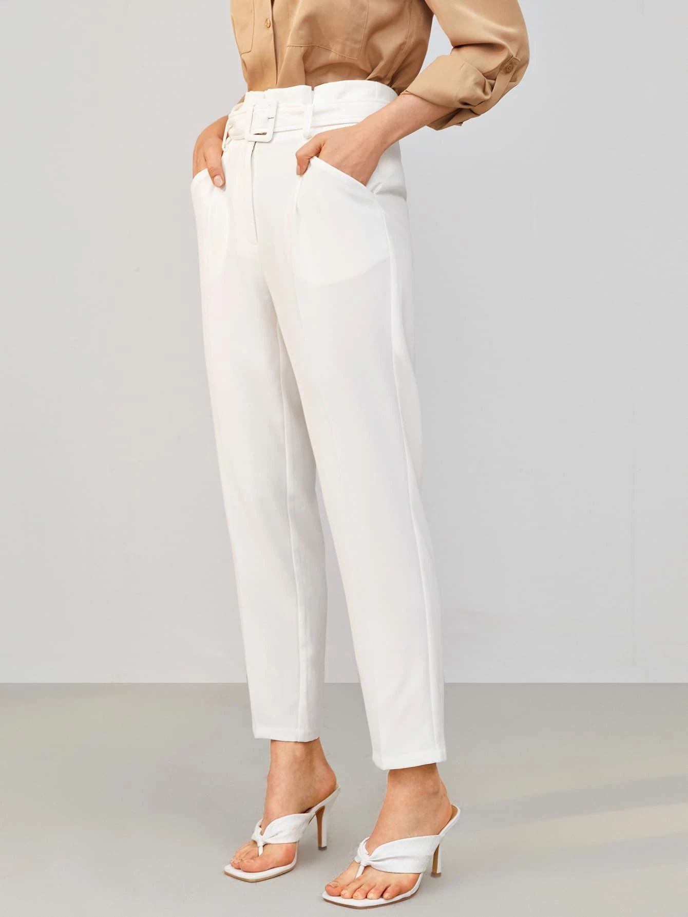 SHEIN Buckle Belted Solid Tailored Pants | SHEIN