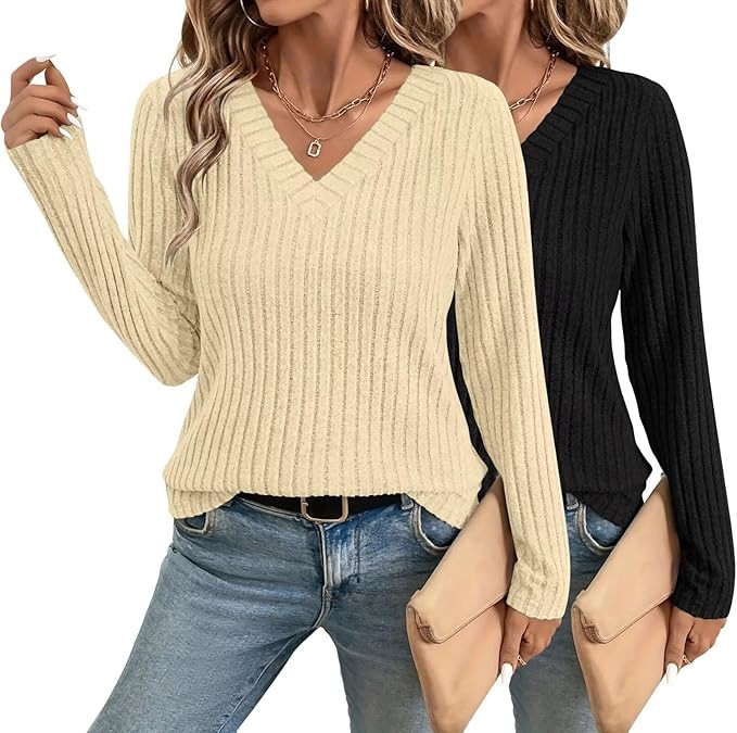 Womens Long Sleeve V Neck Shirts 2025 Fall Tops Casual Outfits Blouses Pullover Sweaters Tunic Fa... | Amazon (US)