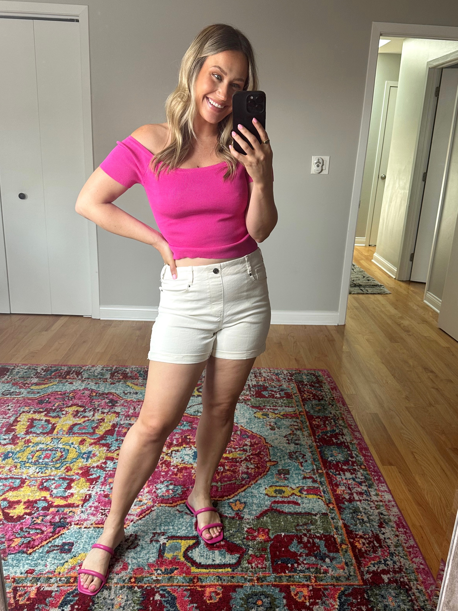 Summer outfit idea / this off the shoulder top, white shorts and pink sandals are all Wal mart finds #summeroutfit #denimshort #summerfashion #sandals 

#LTKsalealert #LTKunder50 #LTKshoecrush