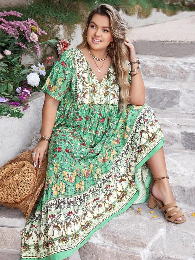 Rusttydustty Bohemian Women Plus Size Floral V-Neck Loose Dress Beach Holiday Summer Party Wedding Season Coachella Music Festival | SHEIN