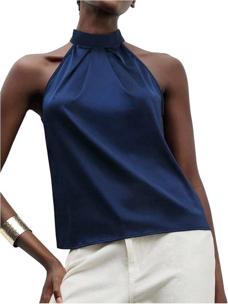 Floerns Women's Elegant Satin Halter Tops Sleeveless Bow Tie Back Dressy Casual Blouses | Amazon (US)