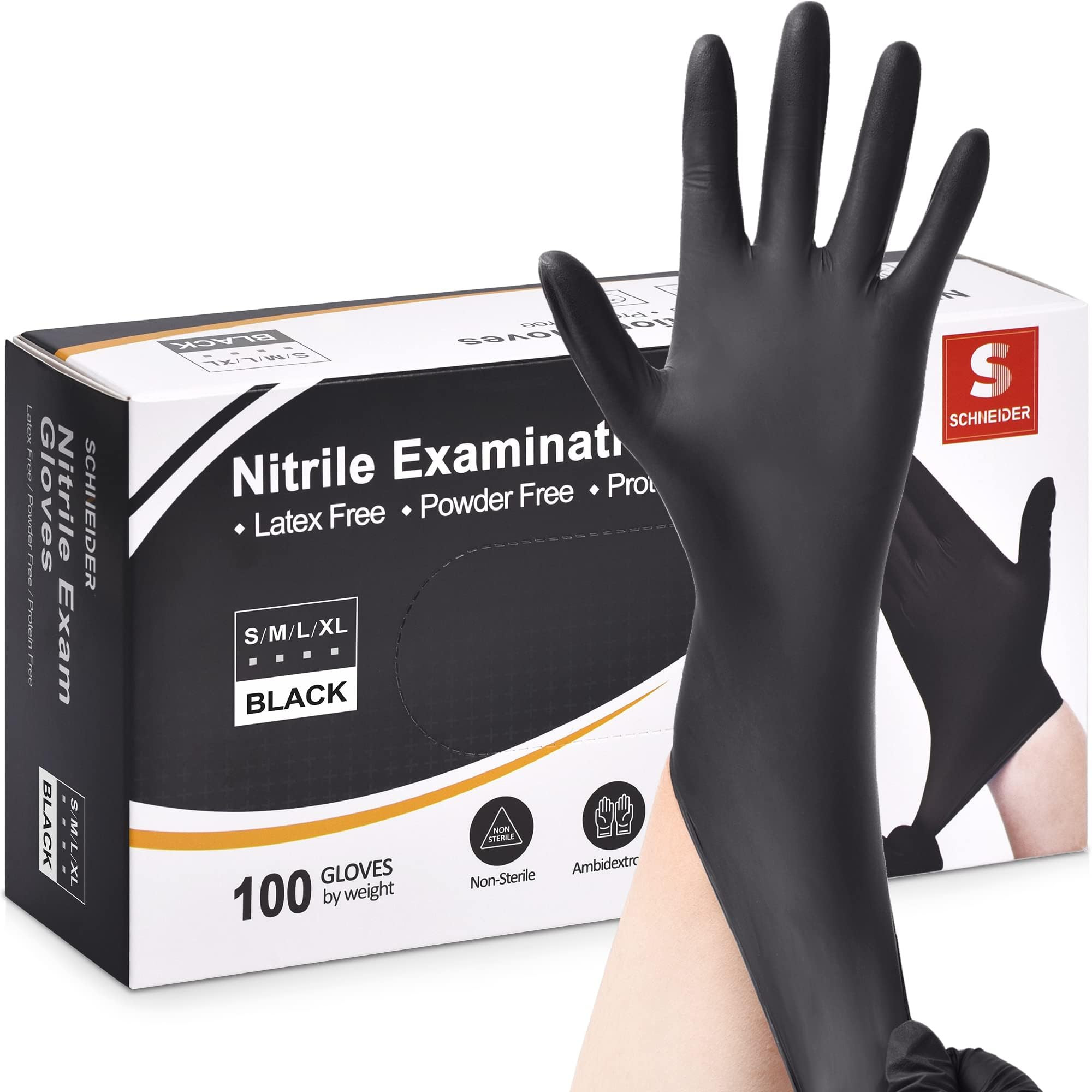 Schneider Nitrile Exam Gloves, Black, Medium, 100-ct Box, 4-mil, Latex-Free, Powder-Free, Food-Sa... | Amazon (US)