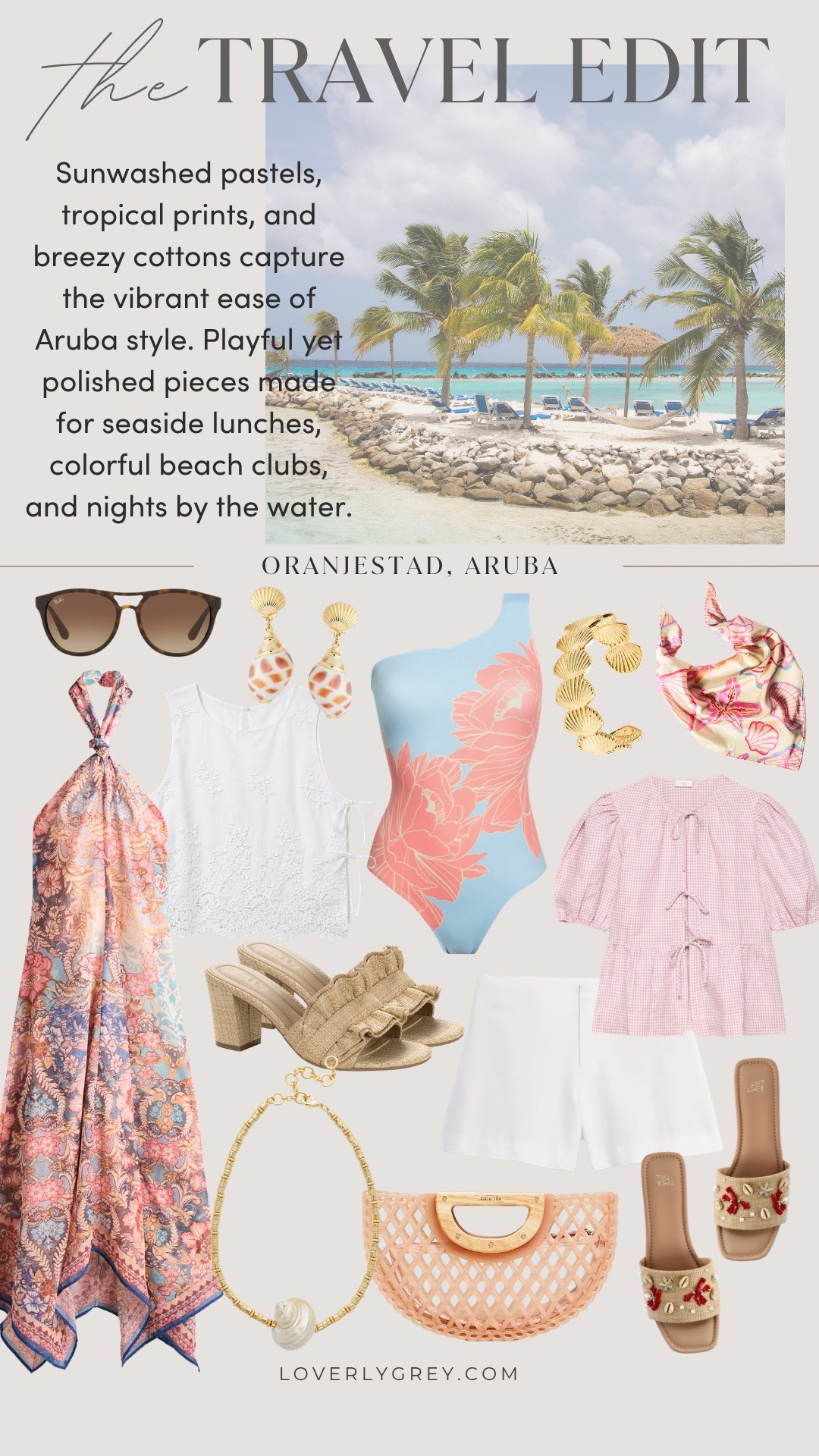 Vacation outfits for Aruba 🌴🌺 Loving these breezy resortwear finds featuring tropical prints, lightweight fabrics, and woven accessories. Perfect for beach vacations, tropical dinners, and summer travel. 

Loverly grey, Aruba outfits, resortwear, beach vacation style, vacation dresses, woven bags, raffia accessories, summer travel outfits, coastal style, warm weather outfits, Caribbean vacation outfits 

 #LTKSeasonal #LTKSwim #LTKTravel