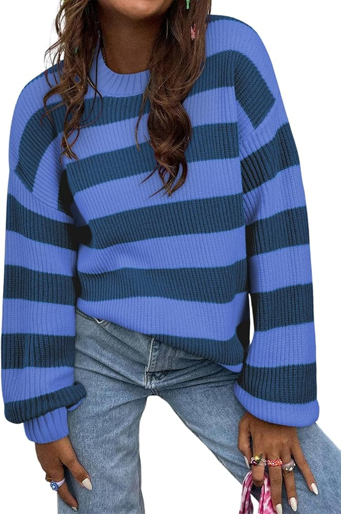 SHEWIN Womens Sweaters 2024 Casual Long Sleeve Crewneck Color Block Striped Knit Lightweight Pull... | Amazon (US)