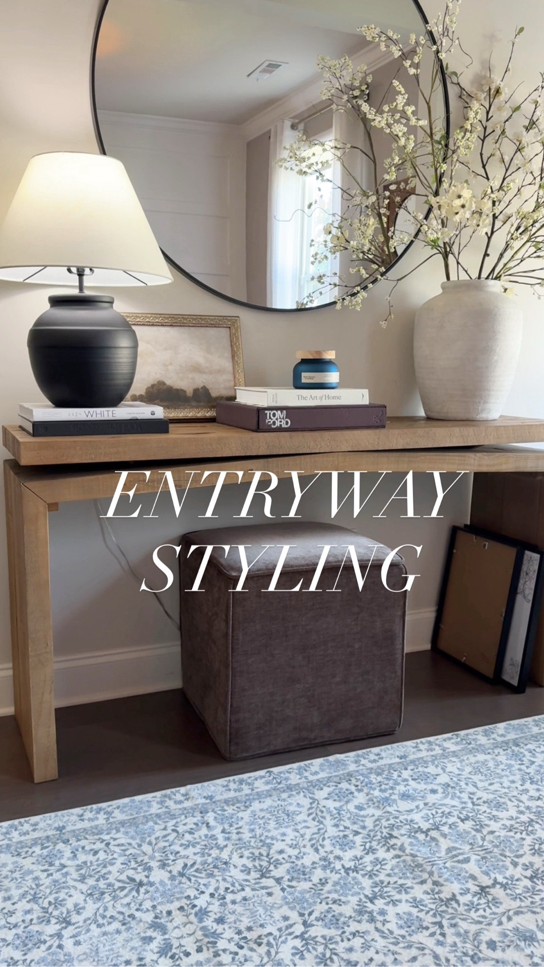 The width of this rug made the room double in size! It’s washable, beautiful and on SALE!  

•
•
Entryway decor styling, entryway tables, area rugs, spring decorating, #ad #founditonamazon @amazon 